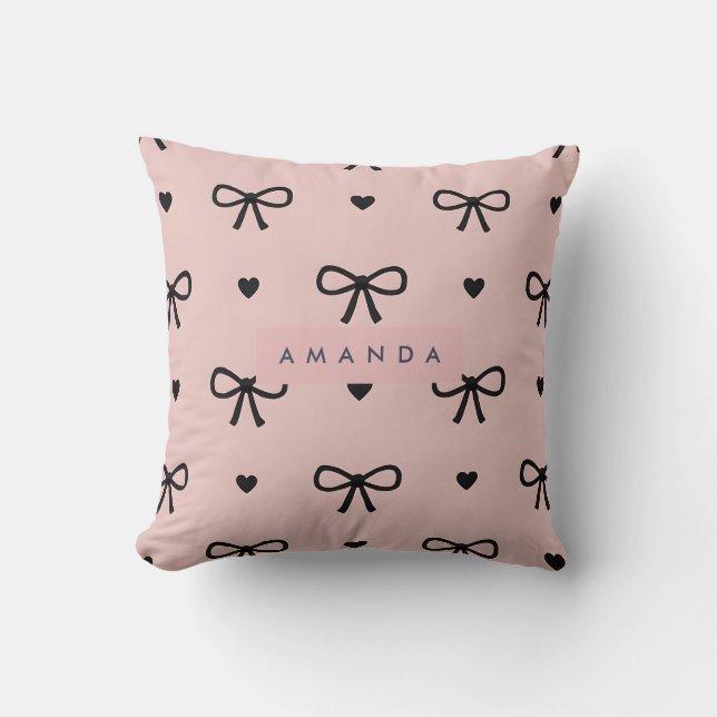Personalized Cute Chic Pink Bow & Heart Pattern Throw Pillow (Front)