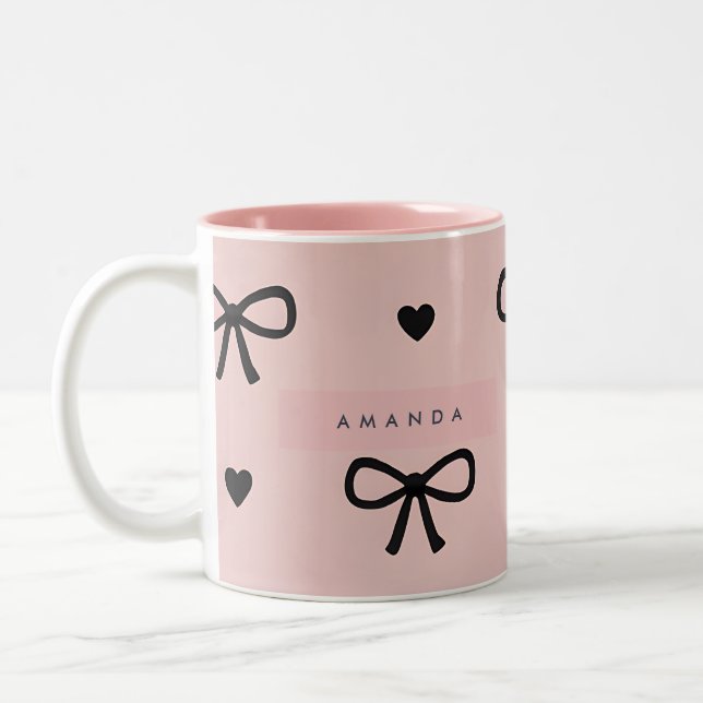 Personalized Cute Chic Pink Bow & Heart Pattern Two-Tone Coffee Mug (Left)