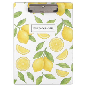 Personalized Cute Chic Watercolor Lemon Pattern Clipboard