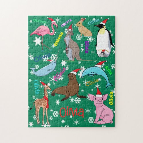 Personalized Cute Christmas Animals in Santa Hats Jigsaw Puzzle