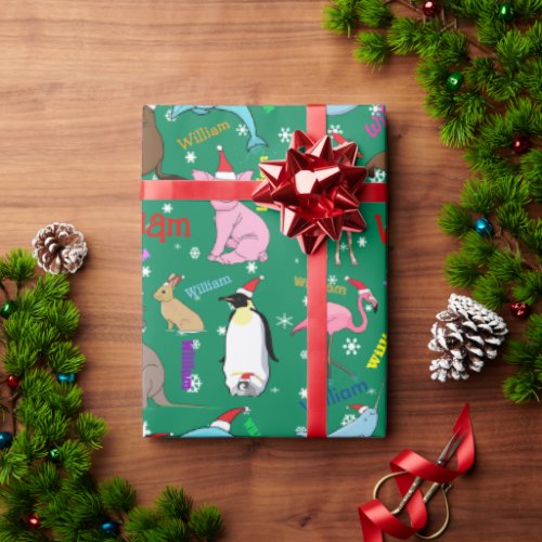Personalized Cute Christmas Animals in Santa Hats Wrapping Paper