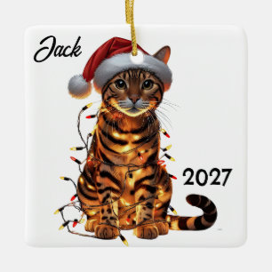 Personalized Cute Christmas Bengal Cat Ceramic Ornament