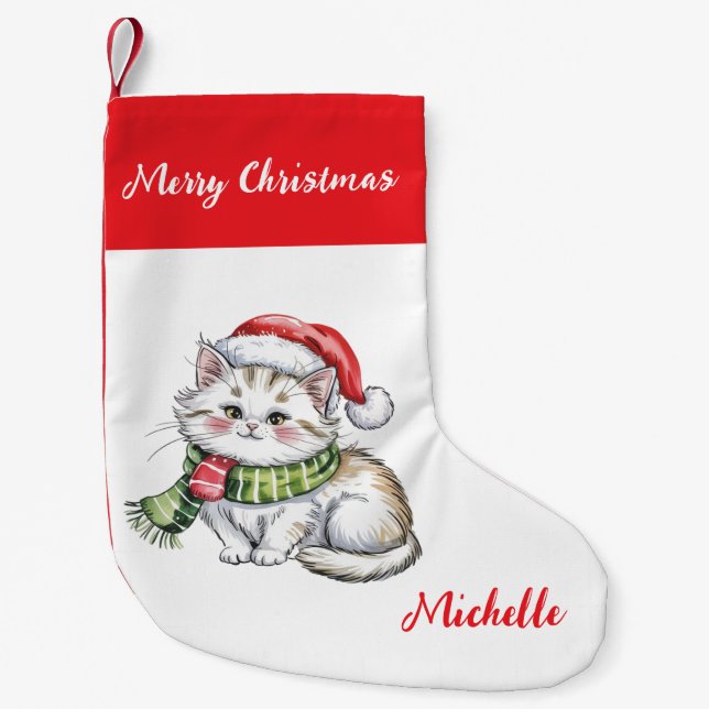 Personalized Cute Christmas Cat Holiday       Small Christmas Stocking (Front)