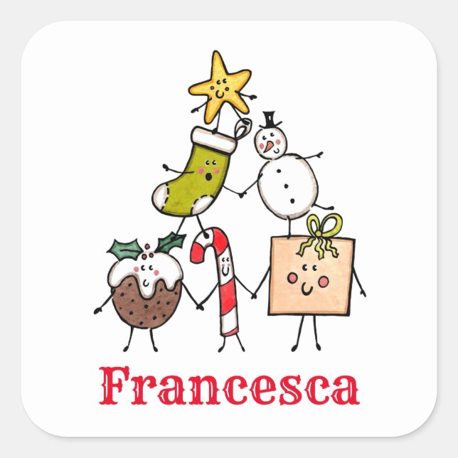 Personalized Cute Christmas Characters Square Sticker (Front)
