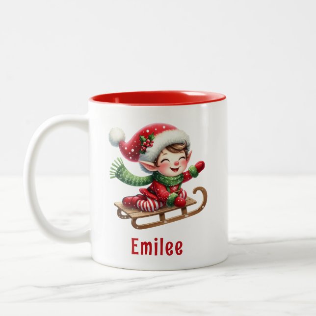Personalized Cute Christmas Elf Two-Tone Coffee Mug (Left)
