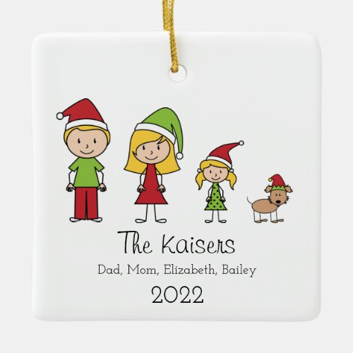 Personalized Cute Christmas Family of 3 With Dog  Ceramic Ornament