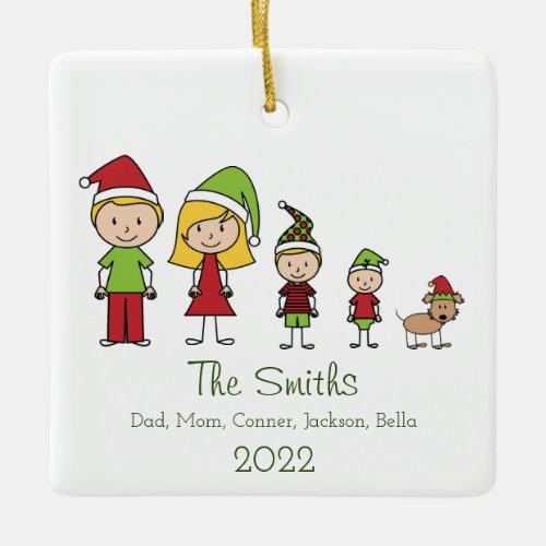 Personalized Cute Christmas Family With Dog Ceramic Ornament