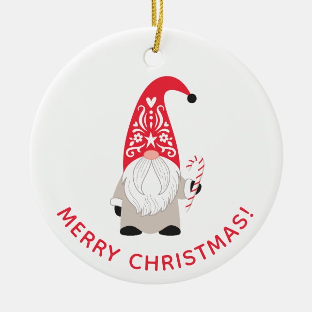 Personalized Cute Christmas Gnome Ceramic Ornament (Front)