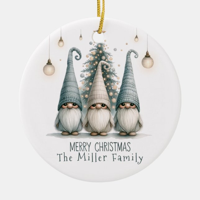 Personalized Cute Christmas Gnome Family Holiday Ceramic Ornament (Front)