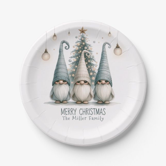 Personalized Cute Christmas Gnome Family Holiday Paper Plates (Front)