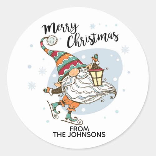Personalized Cute Christmas Gnome Ice Skating Clas Classic Round Sticker