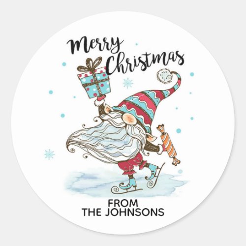 Personalized Cute Christmas Gnome Ice Skating Classic Round Sticker