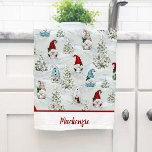 Personalized Cute Christmas Gnomes Holiday Kitchen Towel