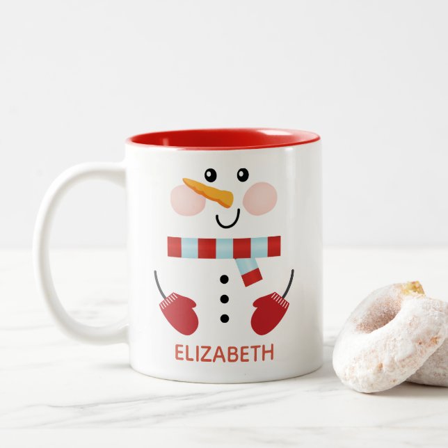 Personalized Cute Christmas Holiday Snowman Two-To Two-Tone Coffee Mug (With Donut)
