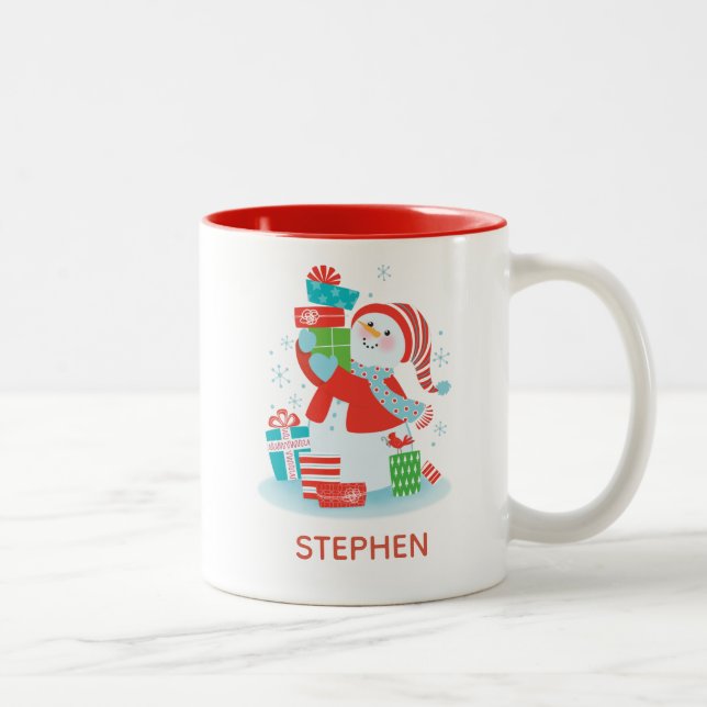 Personalized Cute Christmas Holiday Snowman Two-Tone Coffee Mug (Right)