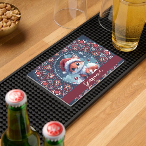 Personalized Cute Christmas Kawaii Fox Dot Mandala Bar Mat