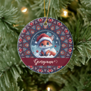 Personalized Cute Christmas Kawaii Fox Dot Mandala Ceramic Ornament