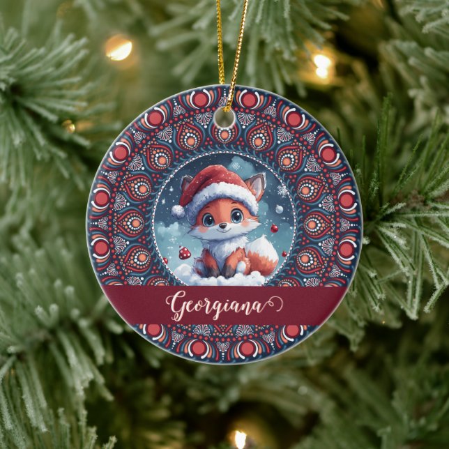 Personalized Cute Christmas Kawaii Fox Dot Mandala Ceramic Ornament (Tree)