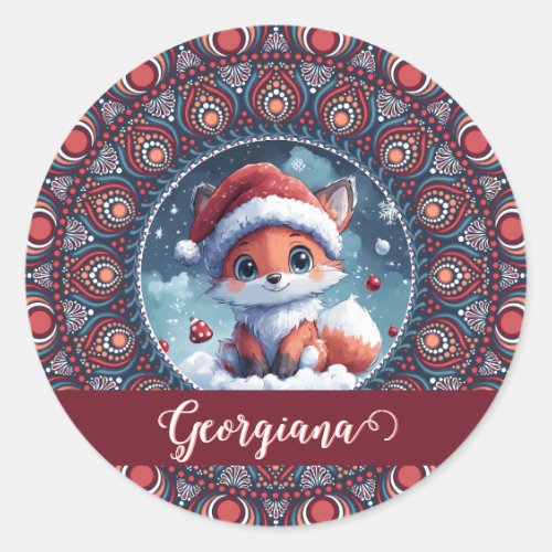 Personalized Cute Christmas Kawaii Fox Dot Mandala Classic Round Sticker