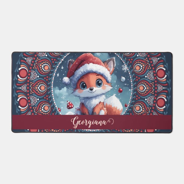 Personalized Cute Christmas Kawaii Fox Dot Mandala Desk Mat (Front)