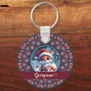 Personalized Cute Christmas Kawaii Fox Dot Mandala Keychain