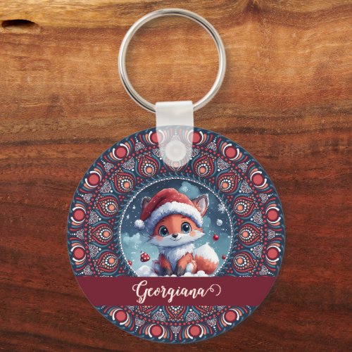 Personalized Cute Christmas Kawaii Fox Dot Mandala Keychain