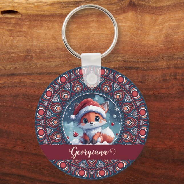 Personalized Cute Christmas Kawaii Fox Dot Mandala Keychain (Front)