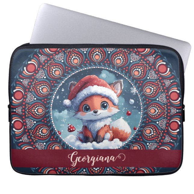 Personalized Cute Christmas Kawaii Fox Dot Mandala Laptop Sleeve (Front)