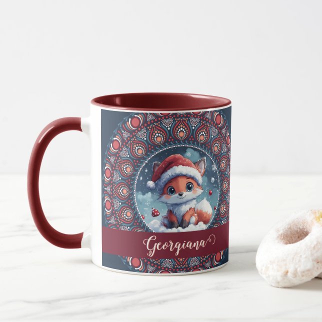Personalized Cute Christmas Kawaii Fox Dot Mandala Mug (With Donut)