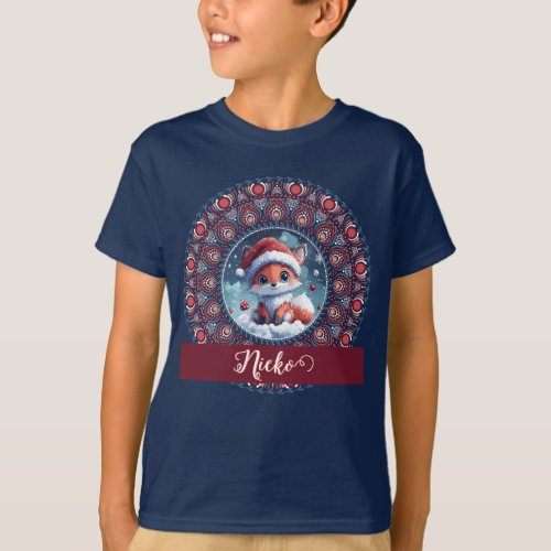 Personalized Cute Christmas Kawaii Fox Dot Mandala T-Shirt