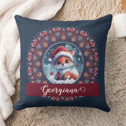 Personalized Cute Christmas Kawaii Fox Dot Mandala Throw Pillow