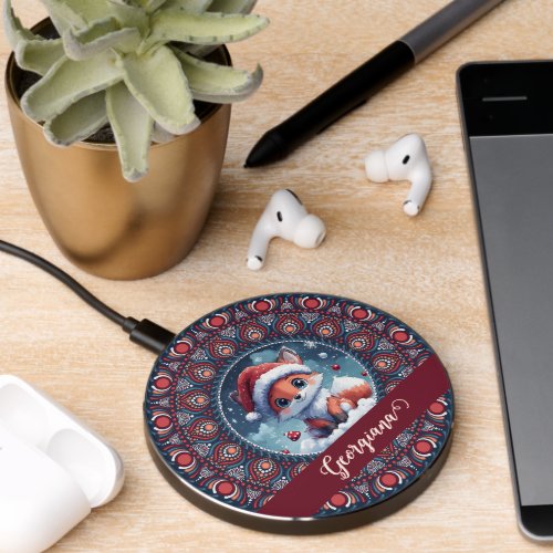 Personalized Cute Christmas Kawaii Fox Dot Mandala Wireless Charger