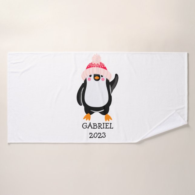 Personalized Cute Christmas Penguin in Red Hat  Bath Towel (Bath Towel)