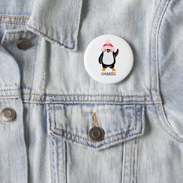 Personalized Cute Christmas Penguin in Red Hat  Button (In Situ)