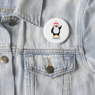 Personalized Cute Christmas Penguin in Red Hat Button