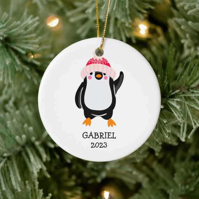 Personalized Cute Christmas Penguin in Red Hat  Ceramic Ornament (Tree)