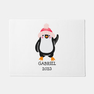 Personalized Cute Christmas Penguin in Red Hat Doormat