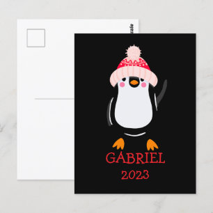 Personalized Cute Christmas Penguin in Red Hat Postcard