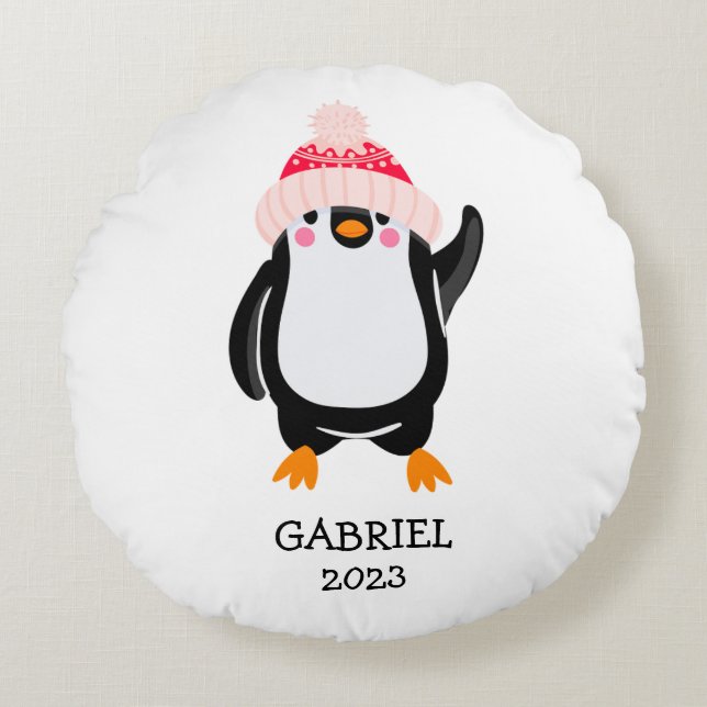 Personalized Cute Christmas Penguin in Red Hat  Round Pillow (Front)
