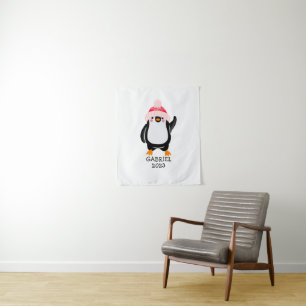 Personalized Cute Christmas Penguin in Red Hat Tapestry