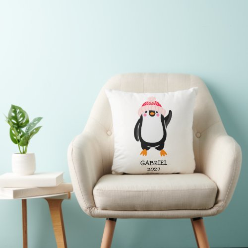 Personalized Cute Christmas Penguin in Red Hat  Throw Pillow