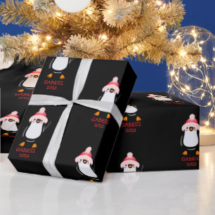 Personalized Cute Christmas Penguin in Red Hat  Wrapping Paper