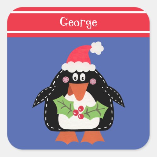 Personalized Cute Christmas Penguin Square Sticker