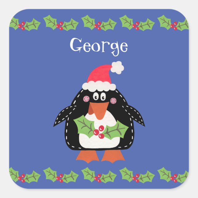 Personalized Cute Christmas Penguin Square Sticker (Front)