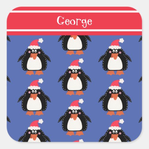 Personalized Cute Christmas Penguin Square Sticker