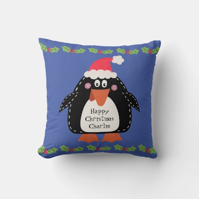 Personalized Cute Christmas Penguin Throw Cushion (Front)