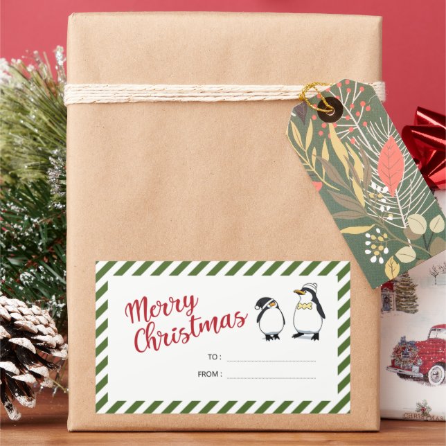 Personalized Cute Christmas Penguins  Rectangular Sticker (Holiday)