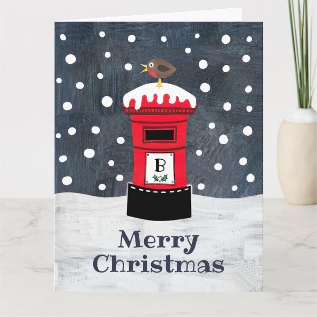 Personalized Cute Christmas Post Box & Robin Card (Front)