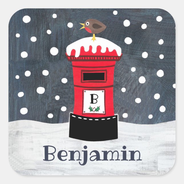Personalized Cute Christmas Post Box & Robin  Squa Square Sticker (Front)