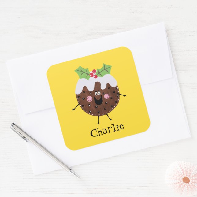 Personalized Cute Christmas Pudding Square Sticker (Envelope)